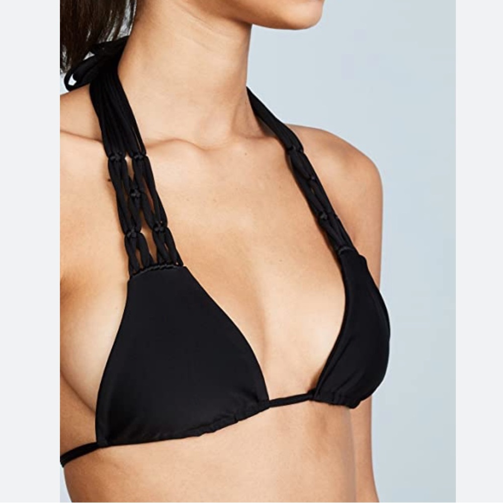 MIKOH Venezuela Crochet Fringe Bikini Top in Night black NWT